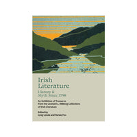 A book cover for 'Irish Literature: History & Myth Since 1798' with a stylized landscape illustration in green, blue, and orange above a beige title block.