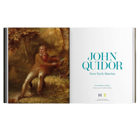 An open book spread showing a classical painting on the left page and the title 'JOHN QUIDOR New York Stories' on the right page, photographed against a plain white background.