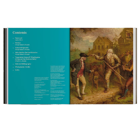 An open book spread showing a teal contents page on the left and a classical painting of historical figures on the right.