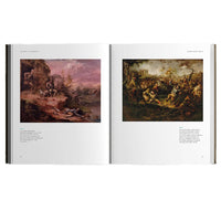 An open book showing two printed pages with classical paintings embedded in the layout. The left page contains a landscape painting with a pink sky and figures near ruins, accompanied by caption text.