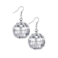 A pair of silver-tone disco ball dangle earrings with faceted mirrored spheres and fishhook wires, shown on a plain white background.