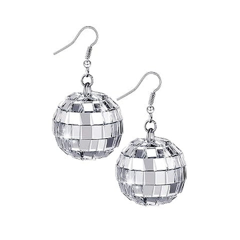 A pair of silver-tone disco ball dangle earrings with faceted mirrored spheres and fishhook wires, shown on a plain white background.