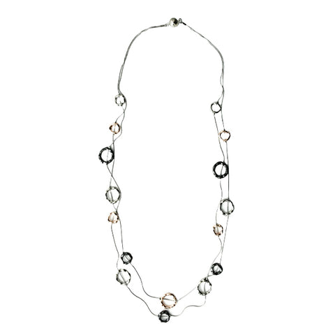 Long Steel Necklace with Bronze, Silver, and Slate circles