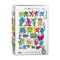 A 1000-piece jigsaw puzzle box from part of the Eurographics Fine Art Collection by Keith Haring, Featuring his signature colorful cartoon characters on a white background.