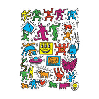 A colorful preview of a puzzle art featuring Keith Haring's signature style, with hand-drawn figures, shapes, and symbols in bright yellow, green, red, blue, orange, and purple on a white background.