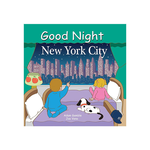 A board book featuring two toddlers on twin beds looking out a window towards a city skyline with a pet dalmatian and a New York baseball cap on the bed and the title 
