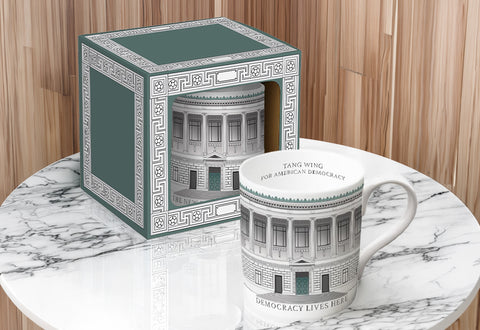 Two mugs with a printed design of The New York Historical Facade with the text 