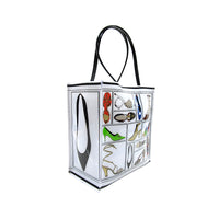 A tote bag featuring a printed design with various illustrations of shoes from the Stuart Weitzman collection.
