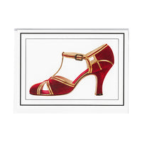 A notecard depicting a red T-strap shoe with heel and gold accents on the straps
